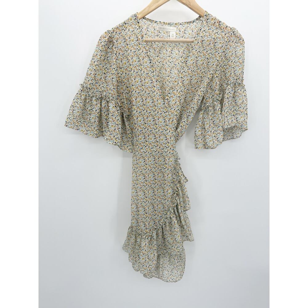 Chelsea & Violet Womens Yellow Microfloral Wrap Dress XS Ruffle Sheer Mini